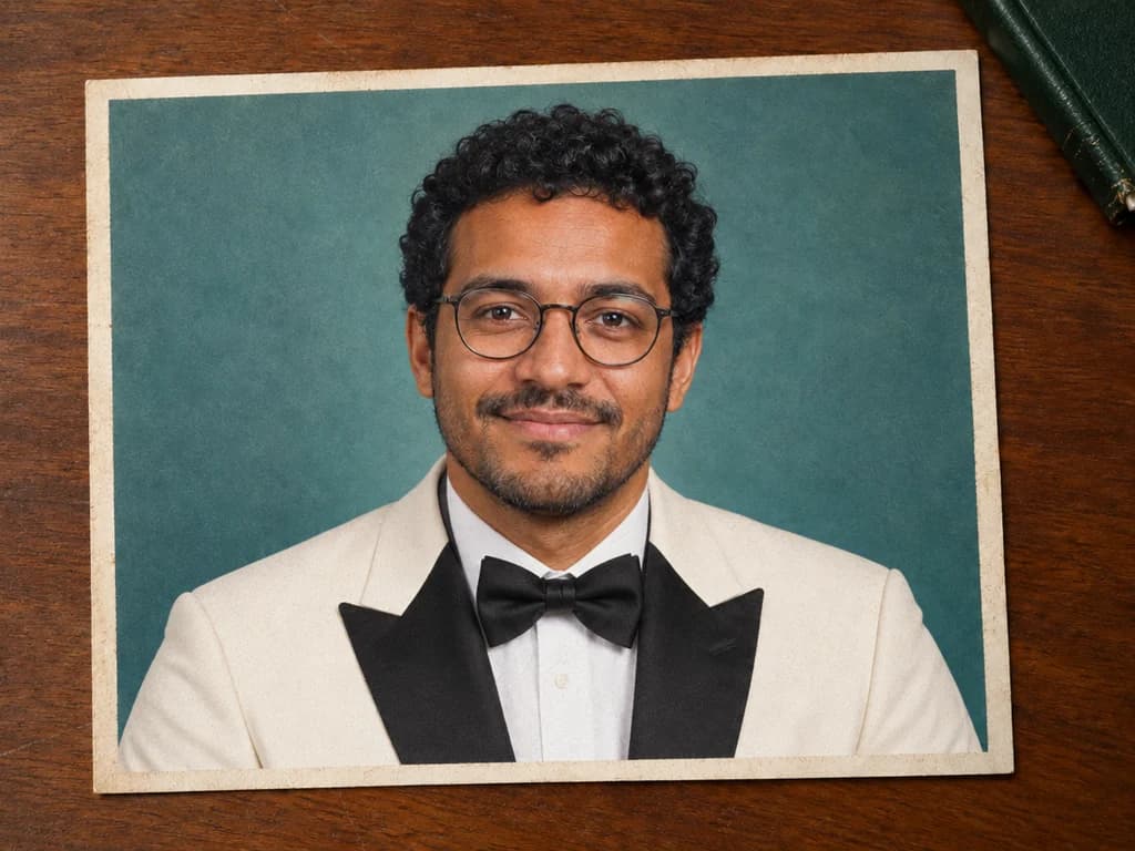 The same printed portrait with an ivory dinner jacket and black bow tie, preserving the face, glasses and desk